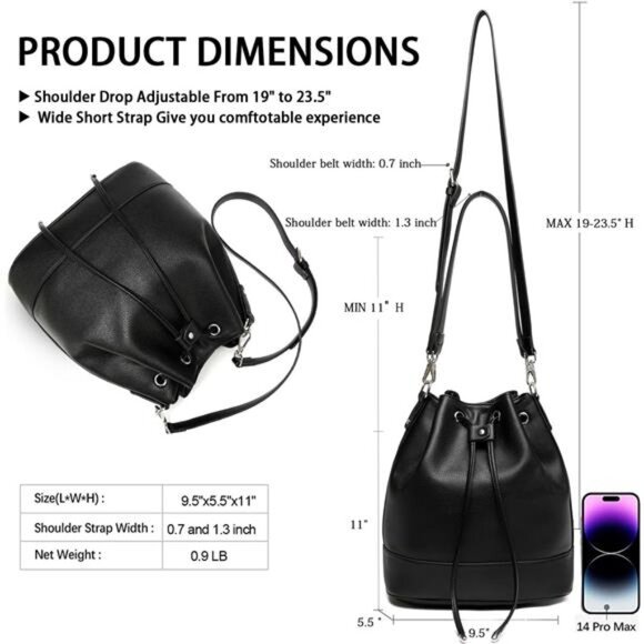 Vegan Leather Bucket Bags and Drawstring Black - Picture 6 of 6